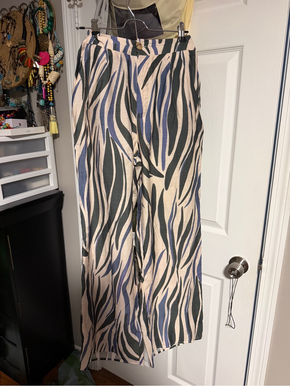 Women's Wide-Leg Printed Pants in Ivory with Blue & Forest Green Waves